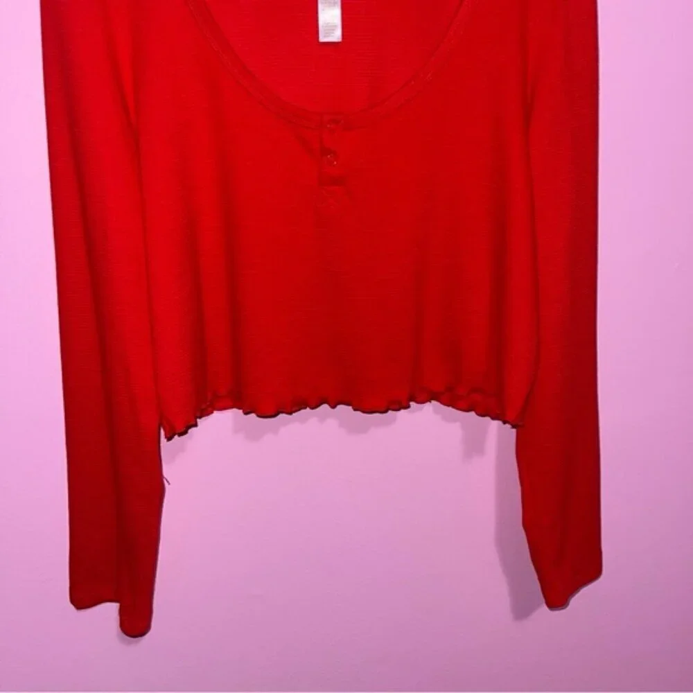 Savage X Fenty Long Sleeve Crop Women's Size‎ 1X Goji Berry Red Waffle Sleepwear